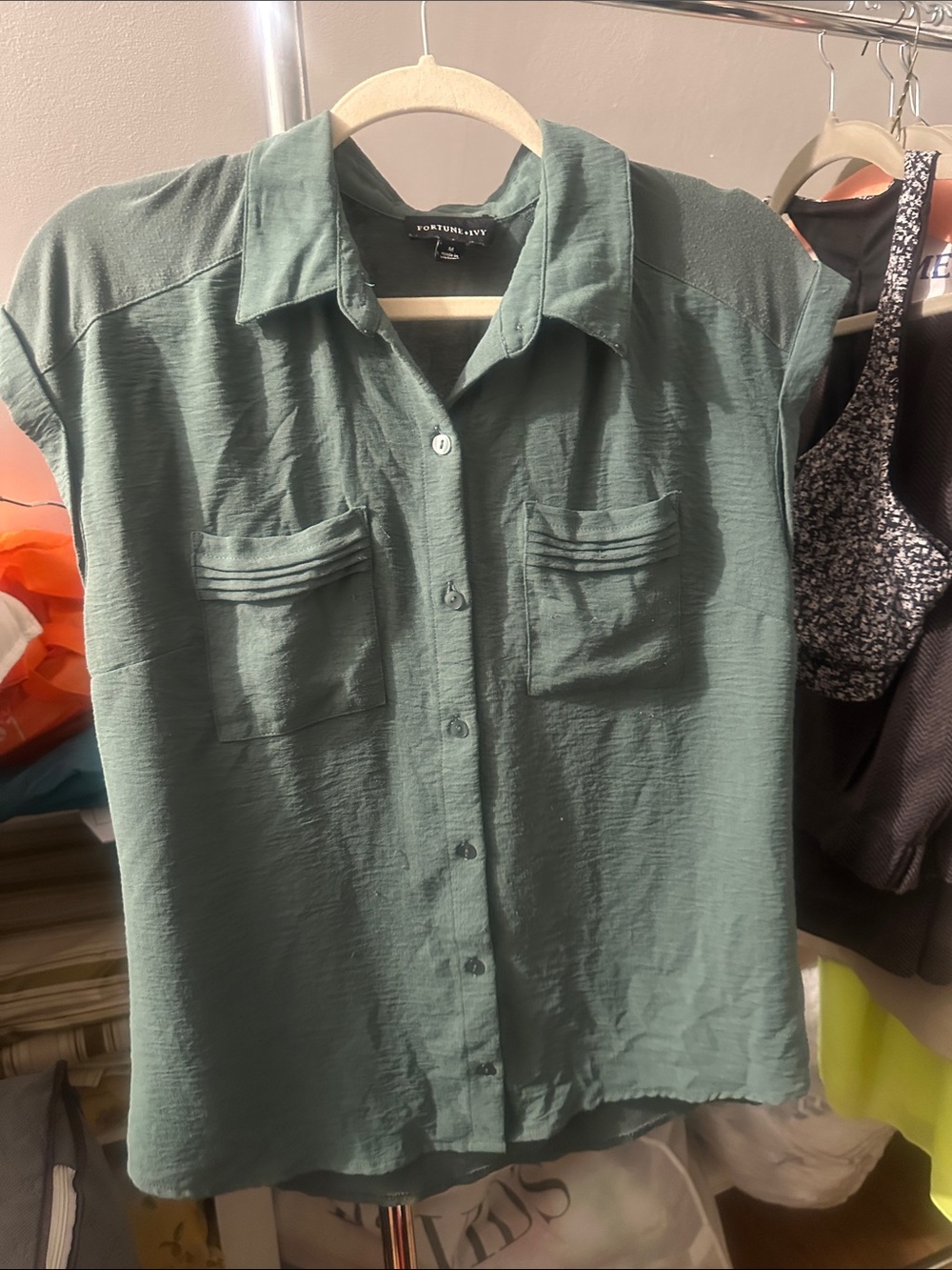 Forest Green Button-Front Cap Sleeve Shirt